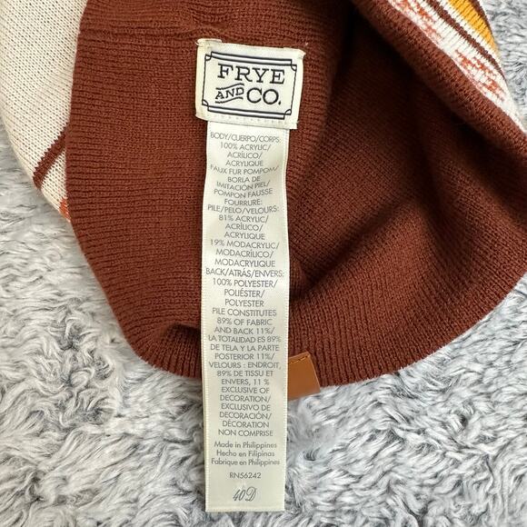 Frye and Co Pom Beanie Nordic Fair Isle Brown Orange Cream Winter Hat - Picture 6 of 7